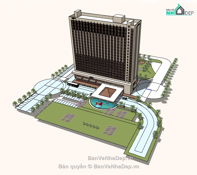 dựng 3d khách sạn cao tầng hiện đại,thiết kế sketchup khách sạn,file sketchup khách sạn cao tầng