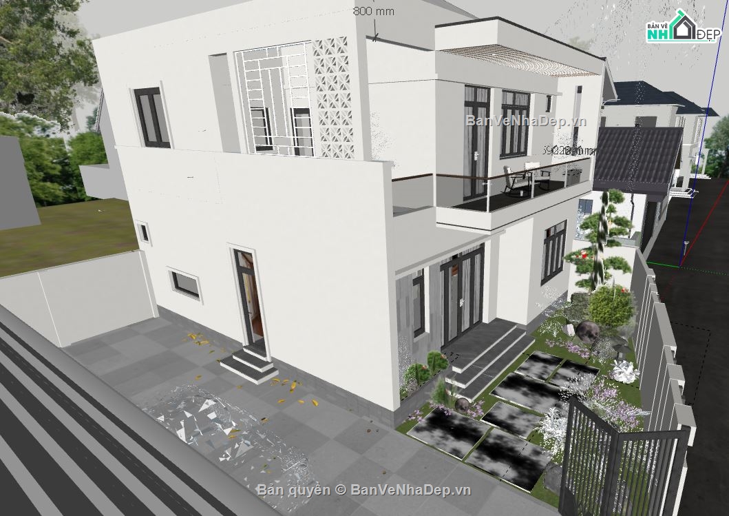 ngoại thất nhà 2 tầng,biệt thự nhà 2 tầng,sketchup biệt thự