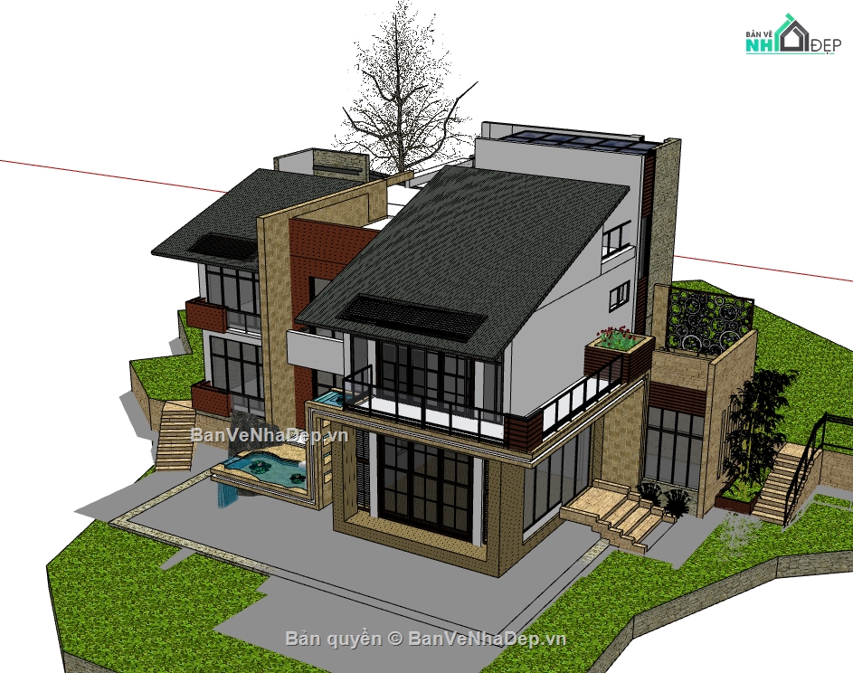 biệt thự 2 tầng,su biệt thự,sketchup biệt thự