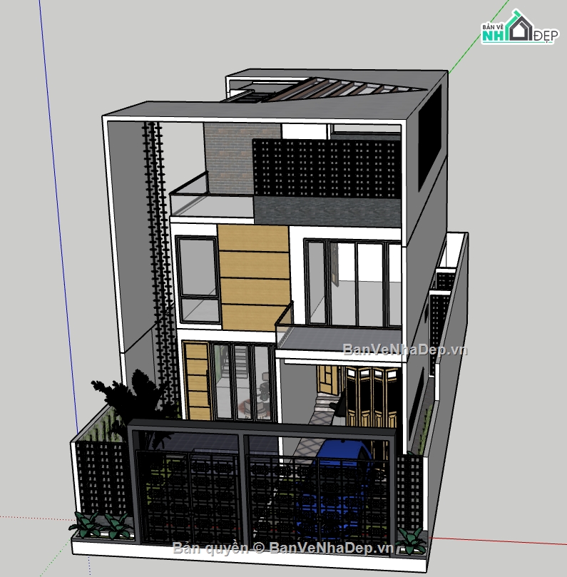 model su nhà phố 2 tầng 1 tum,file su nhà phố 2 tầng 1 tum,3d nhà phố 2 tầng 1 tum,sketchup nhà phố 2 tầng 1 tum