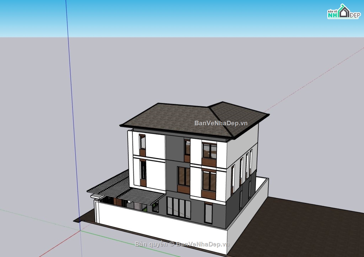 biệt thự 3 tầng,sketchup biệt thự 3 tầng,phối cảnh biệt thự