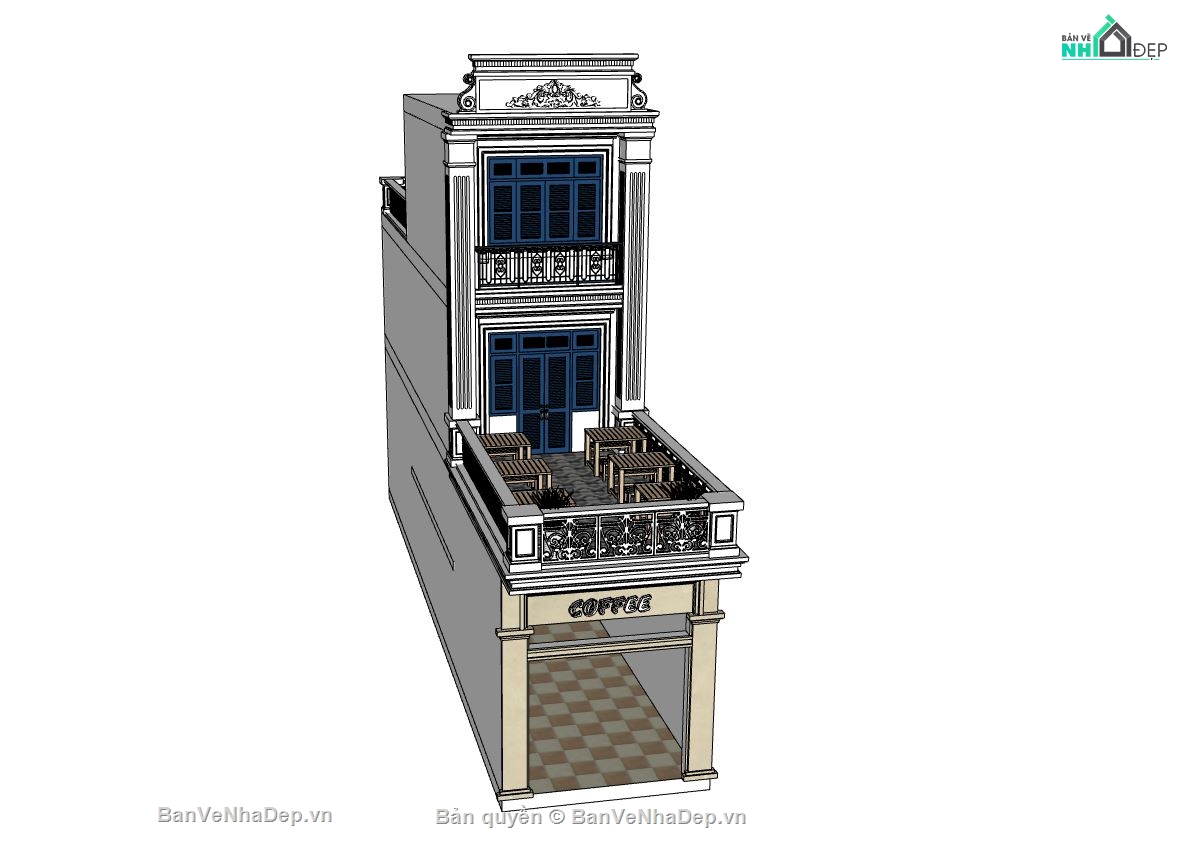 quán cafe,quán cafe 3 tầng,sketchup cafe