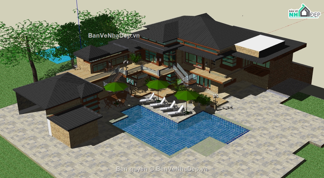 file sketchup biệt thự 2 tầng,dựng 3d su biệt thự mái nhật,biệt thự nghỉ dưỡng file sketchup