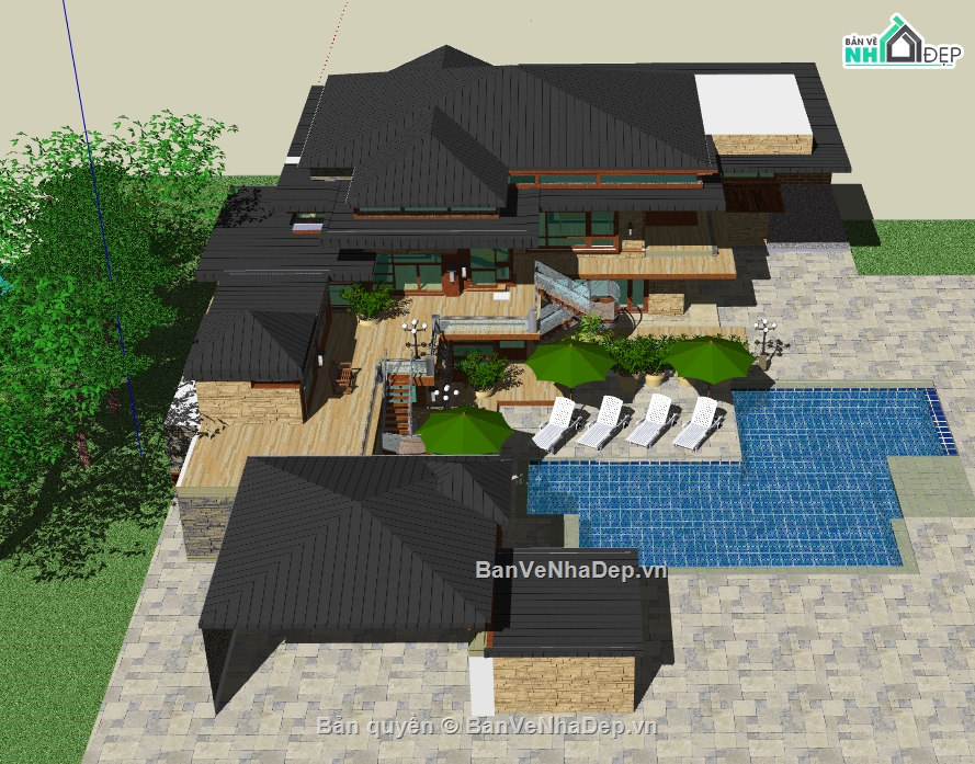 file sketchup biệt thự 2 tầng,dựng 3d su biệt thự mái nhật,biệt thự nghỉ dưỡng file sketchup