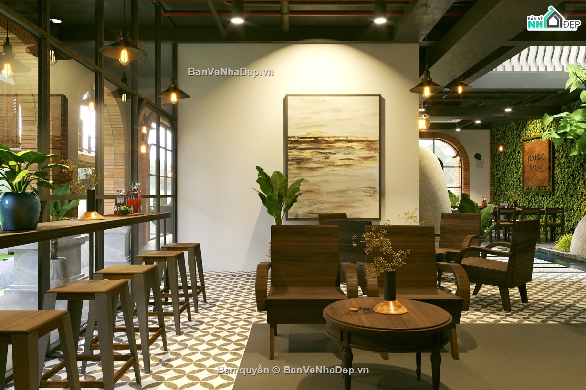 nội thất quán cafe,quán cafe 3 tầng,Model quán cafe,sketchup quán cafe,quán cafe
