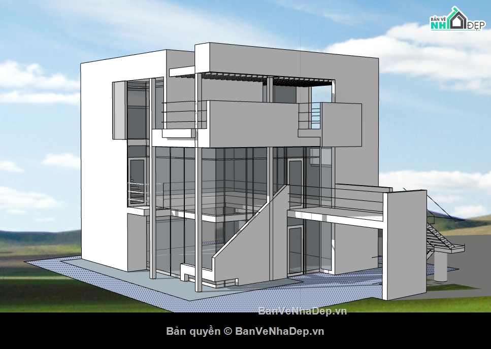 văn phòng 3 tầng dựng 3d su,sketchup nhà làm việc,model su nhà 3 tầng