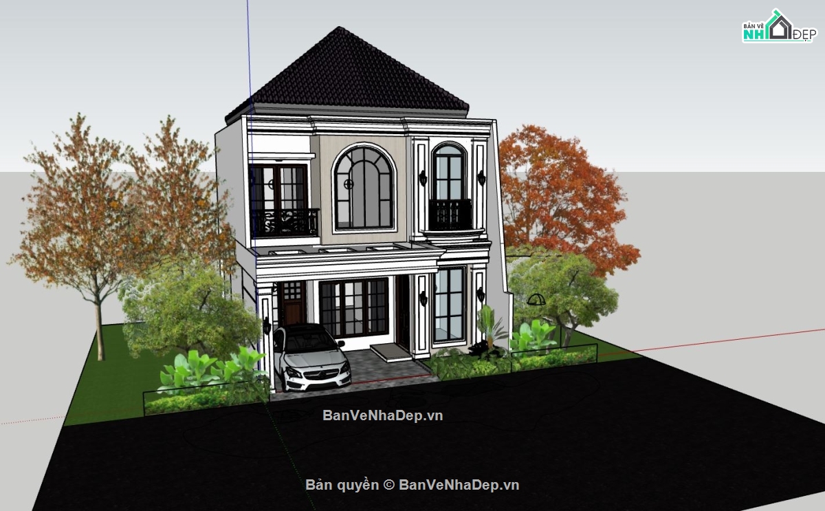 biệt thự 2 tầng,biệt thự sketchup,mẫu biệt thự sketchup