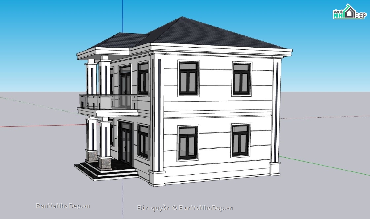 biệt thự sketchup,File sketchup biệt thự 2 tầng,phối cảnh biệt thự 2 tầng