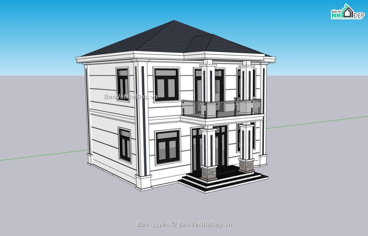 biệt thự sketchup,File sketchup biệt thự 2 tầng,phối cảnh biệt thự 2 tầng