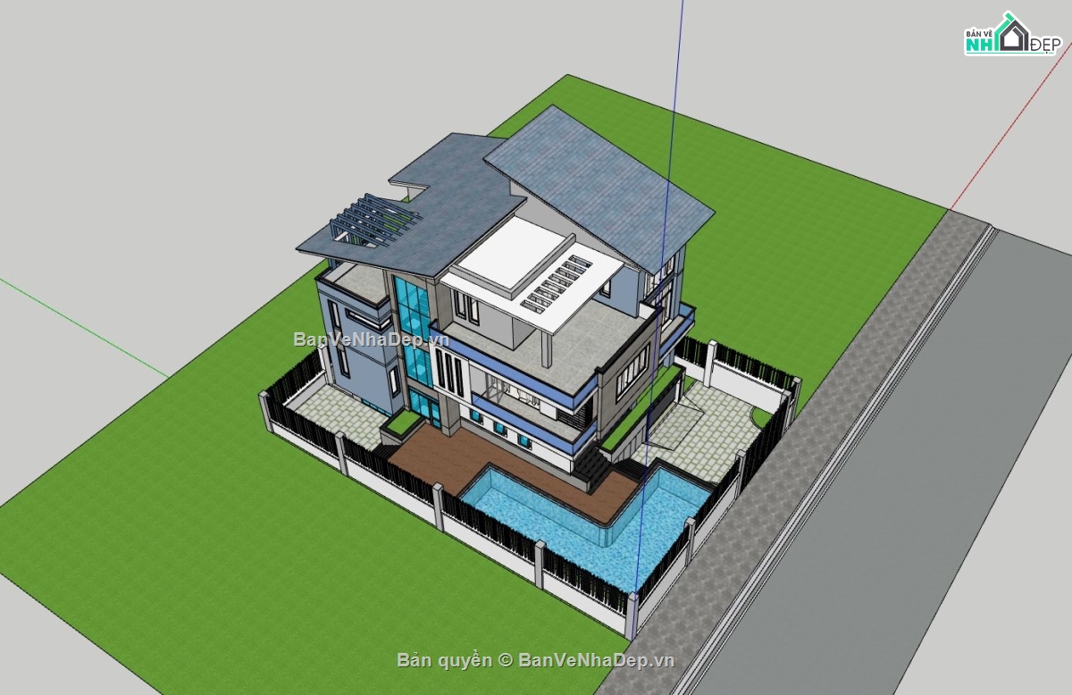 biệt thự 3 tầng,sketchup biệt thự 3 tầng,phối cảnh biệt thự