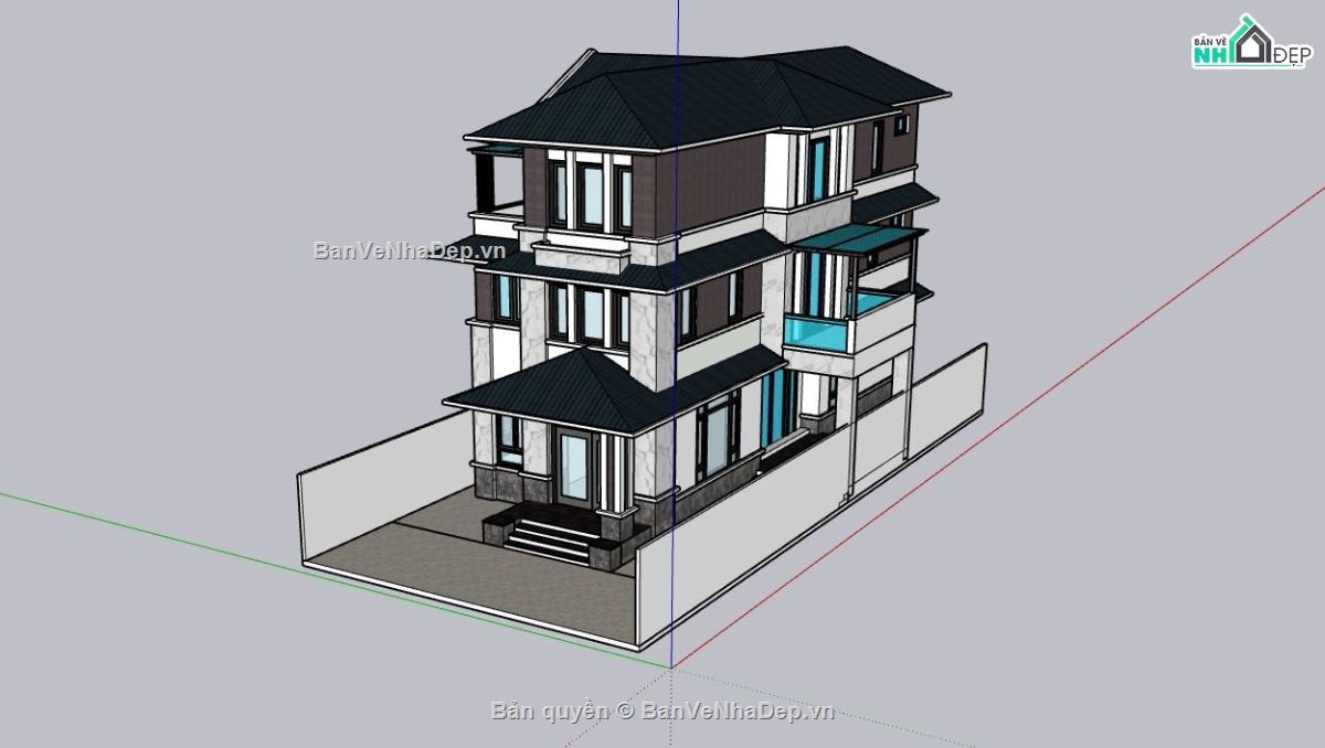 biệt thự 3 tầng,sketchup biệt thự 3 tầng,ngoại thất biệt thự