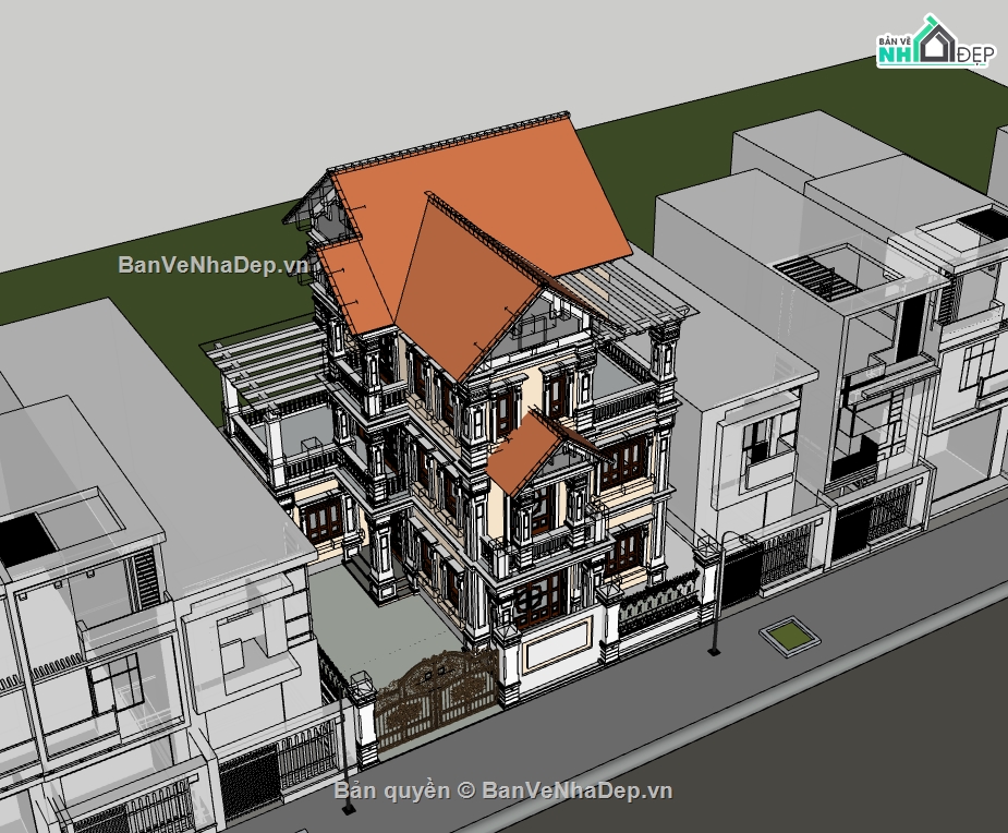 su biệt thự,sketchup biệt thự,su biệt thự 3 tầng