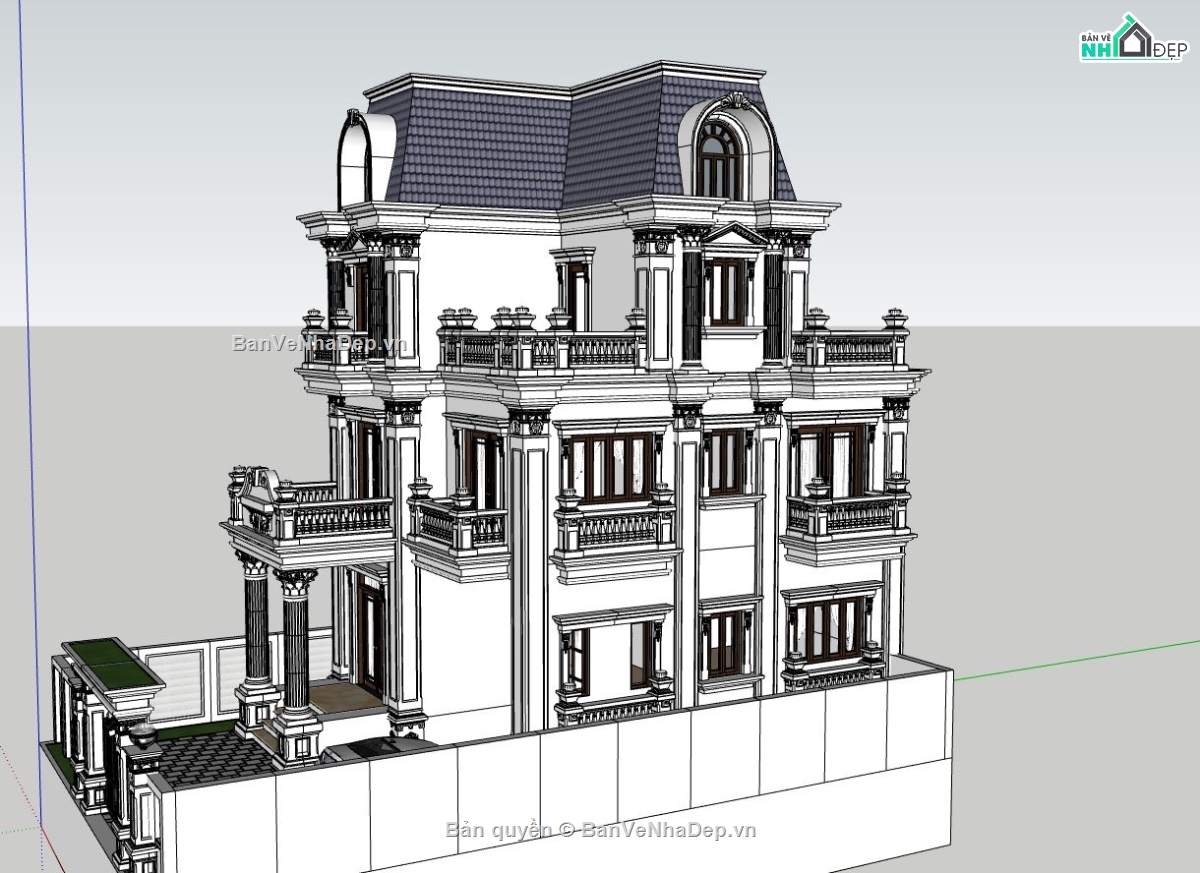 biệt thự 4 tầng,sketchup biệt thự 4 tầng,biêt thự tân cổ điển