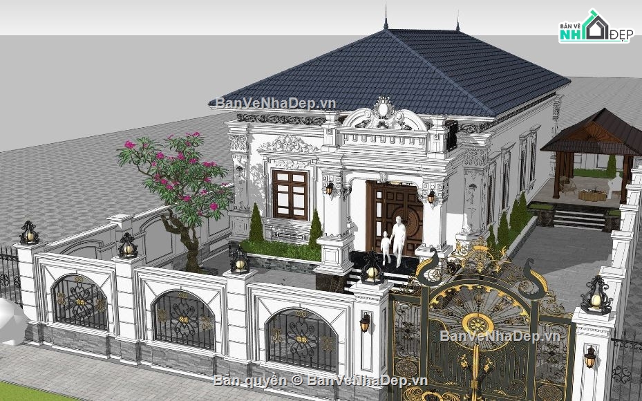 biệt thự 1 tầng,biệt thự sketchup,biệt thự tân cổ điển