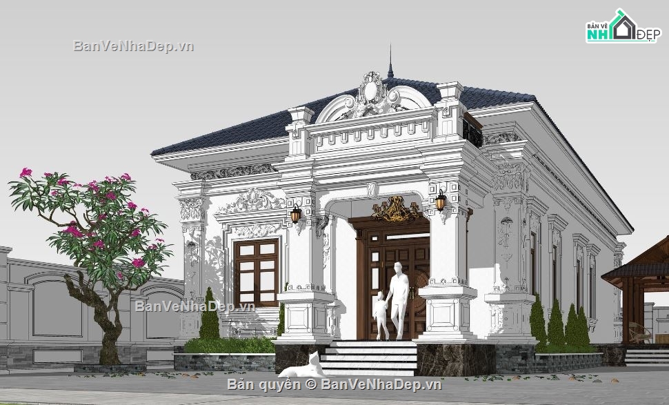 biệt thự 1 tầng,biệt thự sketchup,biệt thự tân cổ điển