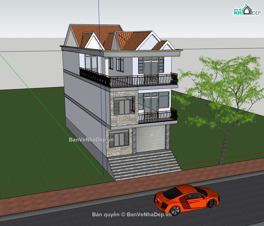 nhà phố 3 tầng,model su nhà phố 3 tầng,nhà phố 3 tầng sketchup,file su nhà phố 3 tầng