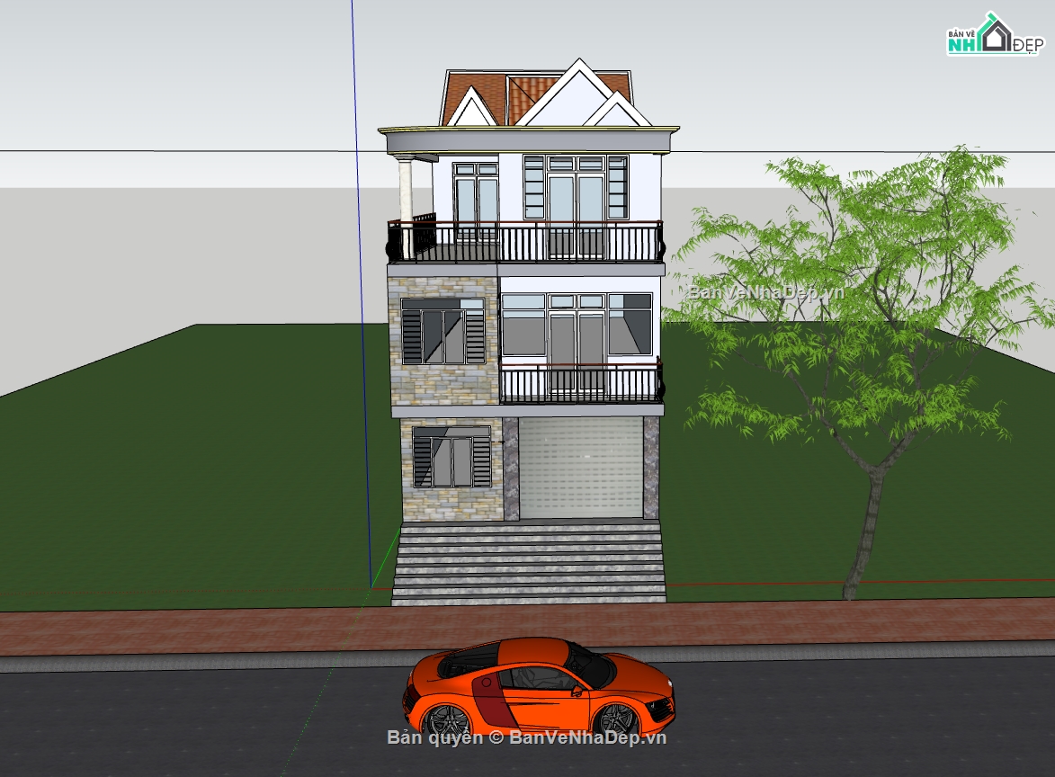 nhà phố 3 tầng,model su nhà phố 3 tầng,nhà phố 3 tầng sketchup,file su nhà phố 3 tầng