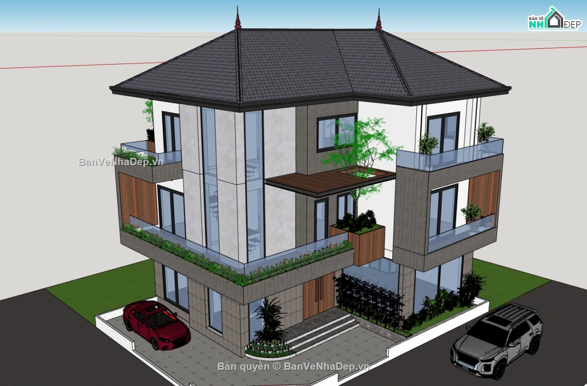 biệt thự 3 tầng,su biệt thự,sketchup biệt thự