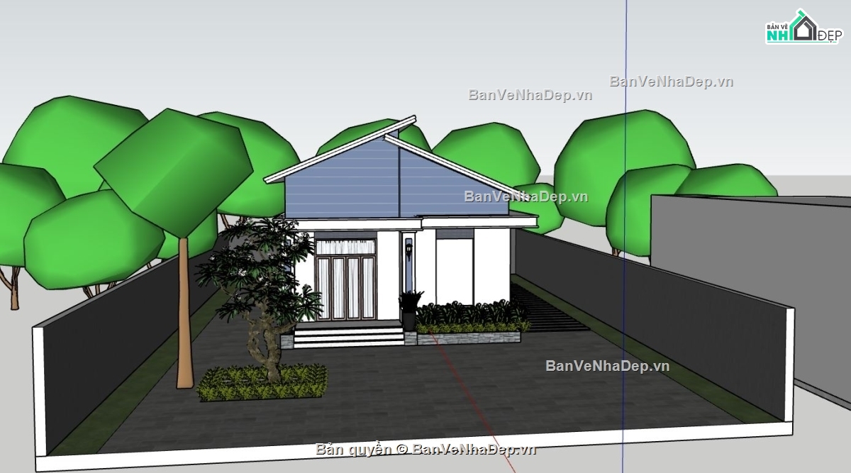 sketchup nhà cấp 4,file sketchup nhà cấp 4,thiết kế nhà cấp 4 nông thôn,phối cảnh nhà cấp 4 sketchup