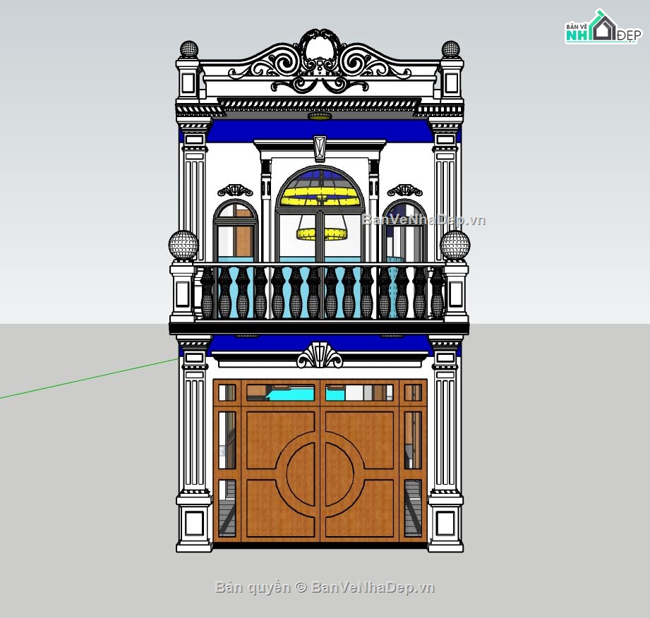 nhà phố sketchup,sketchup nhà phố 2 tầng,File nhà phố tần cổ điển,phối cảnh nhà phố 2 tầng