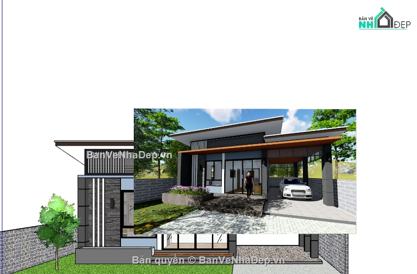 file sketchup nhà 1 tầng,File sketchup nhà ở 1 tầng,File sketchup nhà phố 1 tầng,nhà ở 1 tầng model sketchup