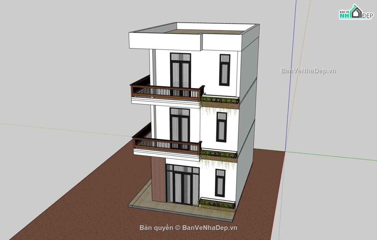 nhà phố 3 tầng,sketchup nhà phố,phối cảnh nhà phố,bản vẽ nhà phố