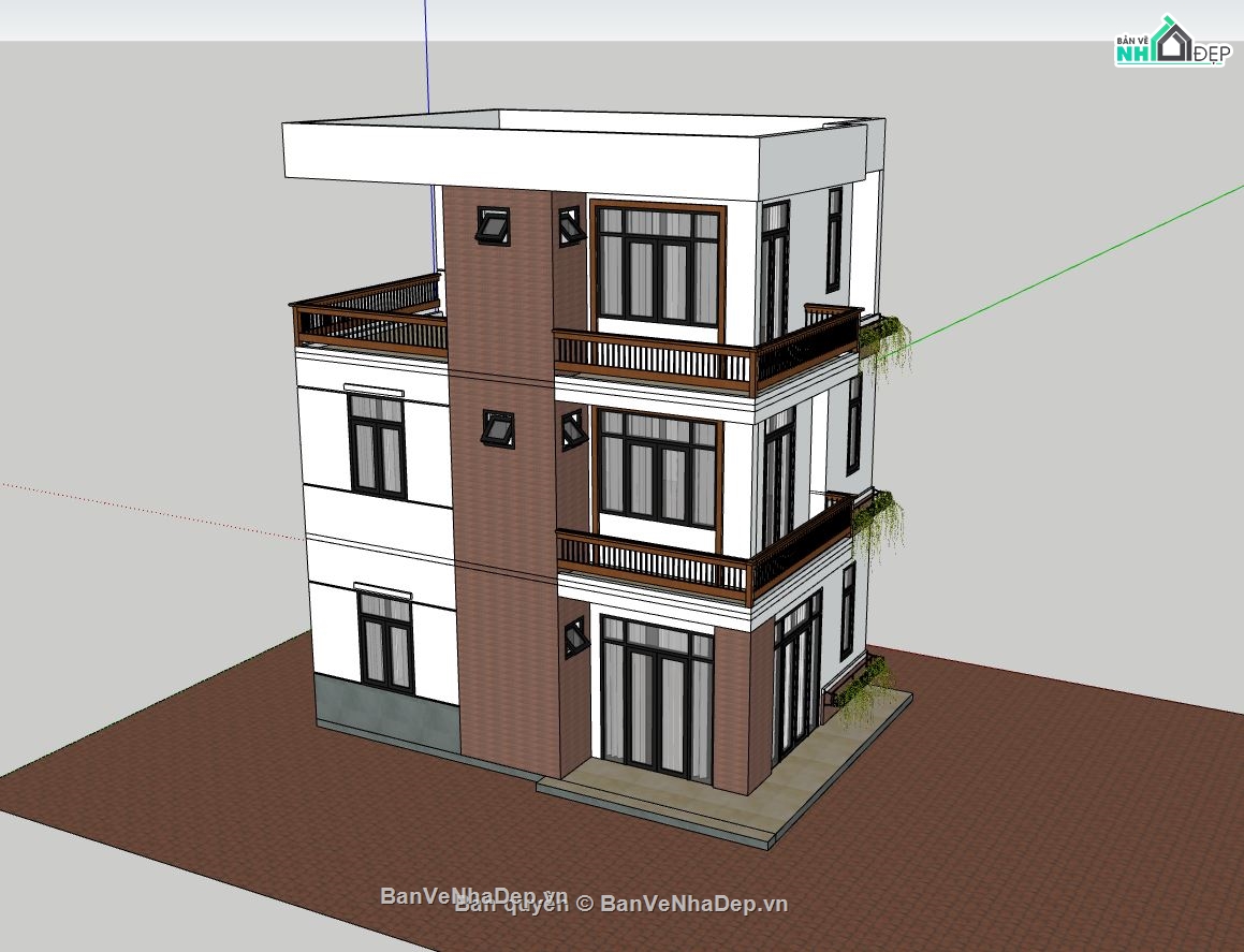 nhà phố 3 tầng,sketchup nhà phố,phối cảnh nhà phố,bản vẽ nhà phố