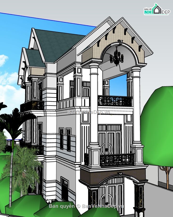 nhà phố 3 tầng,nhà phố mái thái,sketchup nhà phố mái thái,nhà 3 tầng