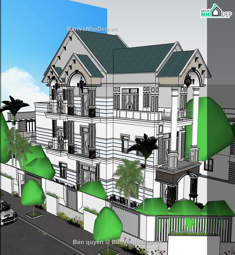nhà phố 3 tầng,nhà phố mái thái,sketchup nhà phố mái thái,nhà 3 tầng