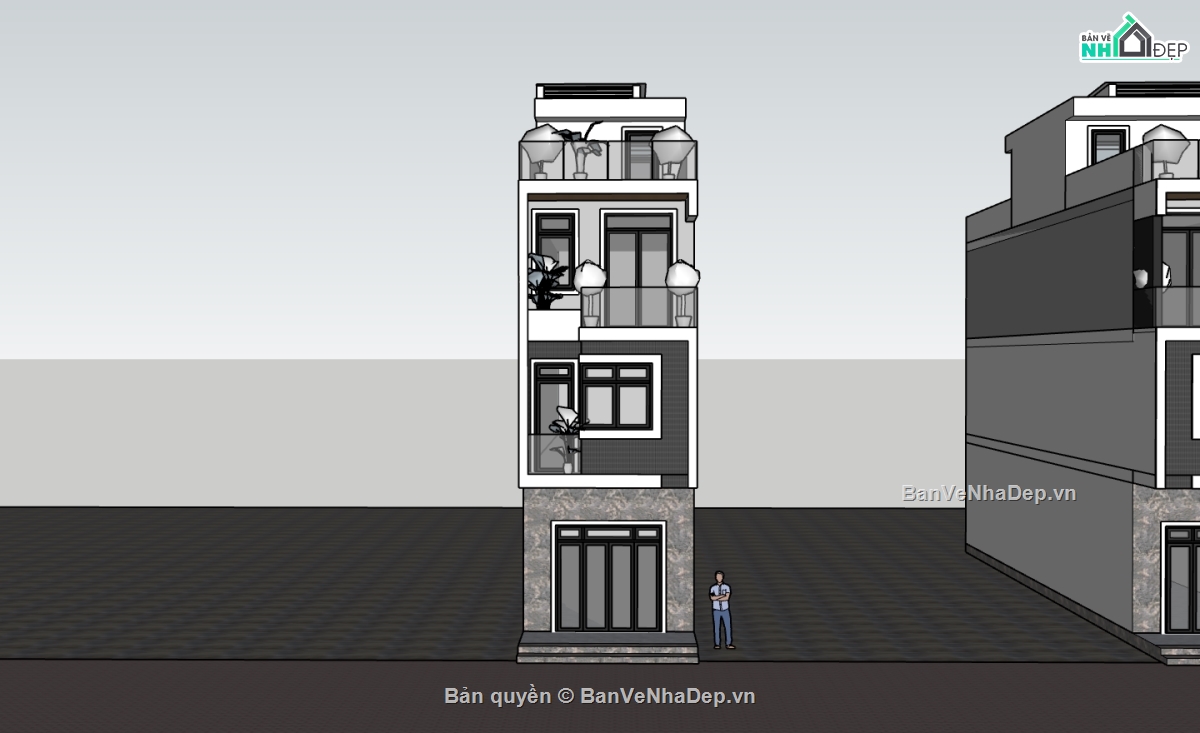 nhà 4 tầng,su nhà phố,sketchup nhà phố