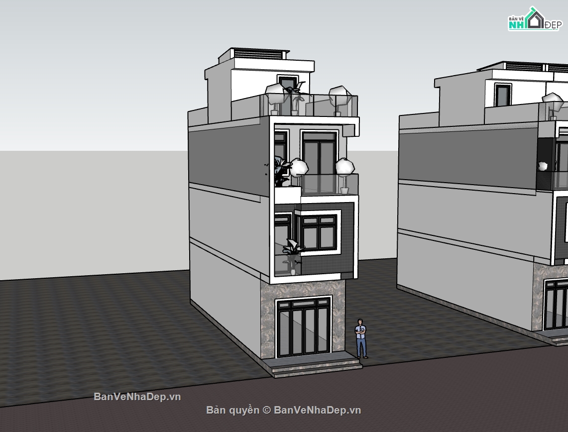 nhà 4 tầng,su nhà phố,sketchup nhà phố