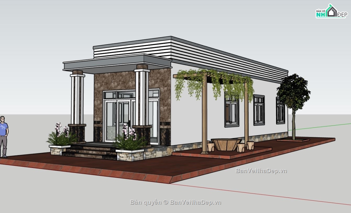 nhà phố sketchup,model sketchup nhà phố 1 tầng,file sketchup nhà phố 1 tầng