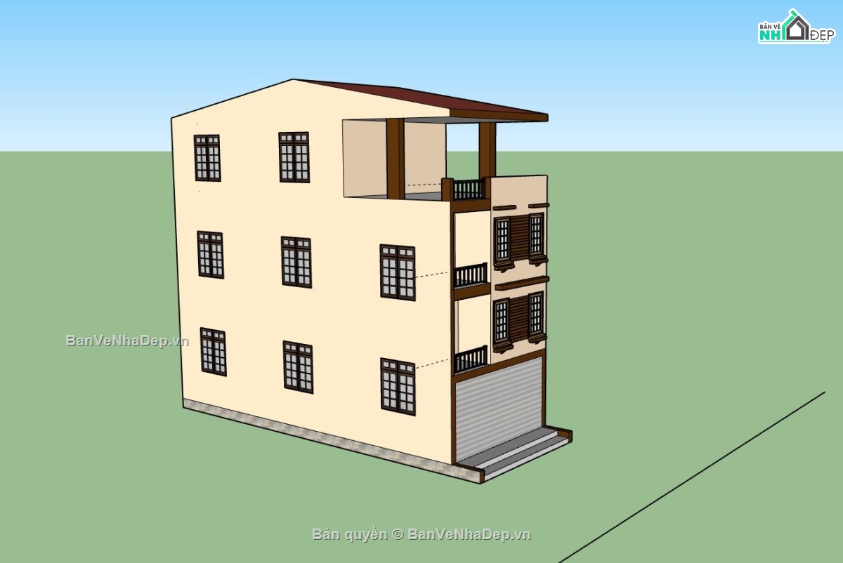 nhà phố 3 tầng,file sketchup nhà phố 3 tầng,phối cảnh nhà phố 4 tầng,model nhà phố 4 tầng
