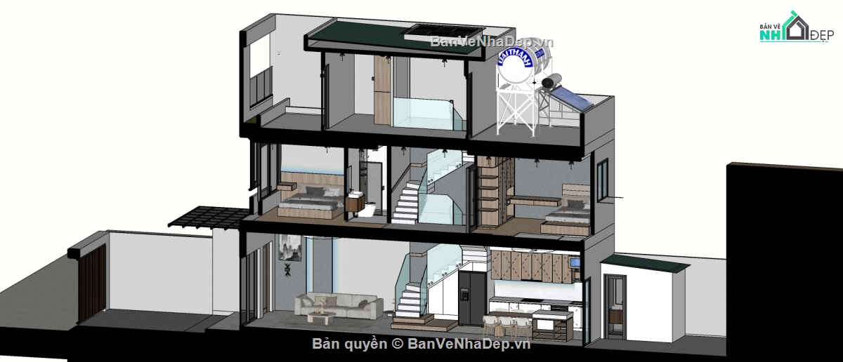Sketchup nội thất,nhà phố 3 tầng,model su nhà phố 3 tầng,nội thất nhà phố 3 tầng
