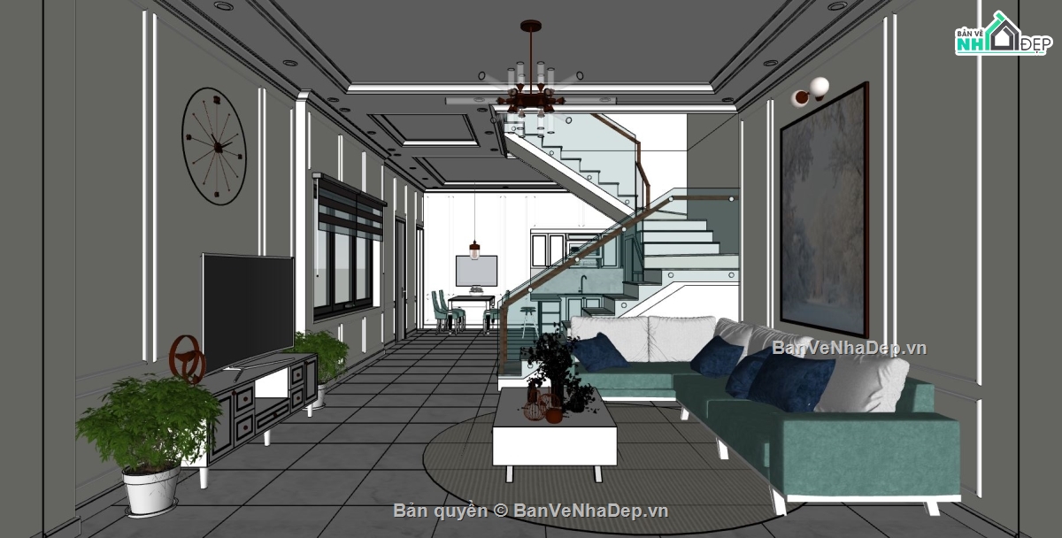 nội thất nhà phố su,nội thất khách bếp sketchup,su khách bếp