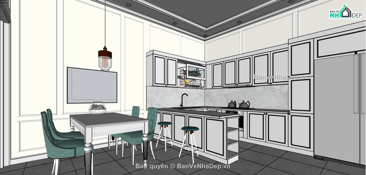 nội thất nhà phố su,nội thất khách bếp sketchup,su khách bếp