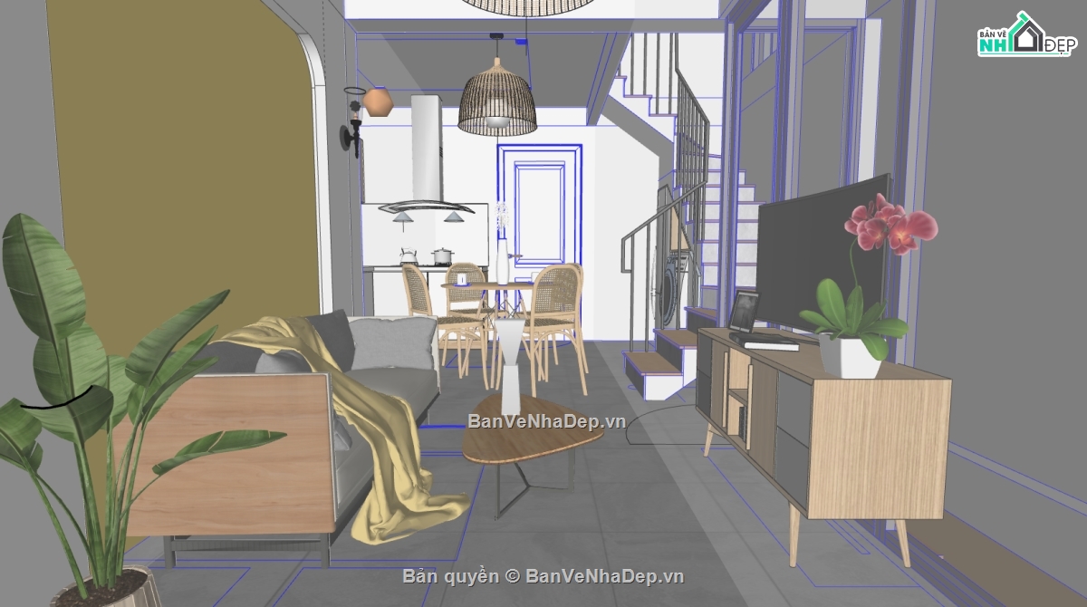 sketchup nội thất nhà phố,sketchup nội thất khách bếp,file sketchup nội thất nhà bếp,mẫu nội thất phòng khách đẹp