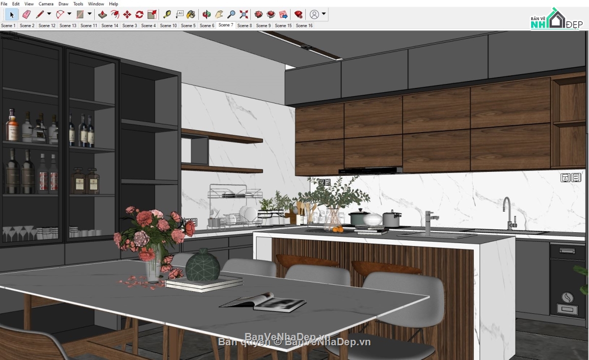 Phòng khách Sketchup,model nội thất sketchup,model 3d phòng khách,File phòng khách sketchup,Model sketchup phòng bếp,Model sketchup bàn ăn