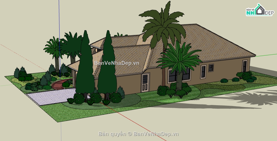 biệt thự 1 tầng file sketchup,file su biệt thự 1 tầng,mẫu dựng biệt thự 1 tầng su