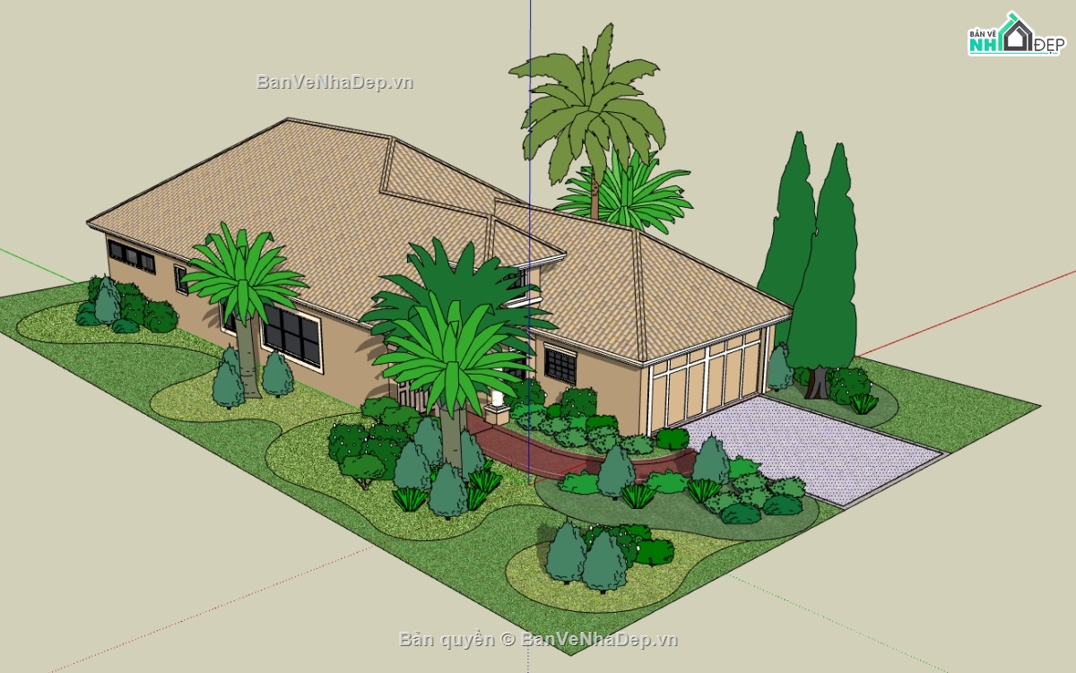 biệt thự 1 tầng file sketchup,file su biệt thự 1 tầng,mẫu dựng biệt thự 1 tầng su