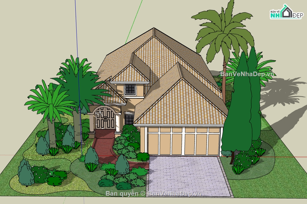 biệt thự 1 tầng file sketchup,file su biệt thự 1 tầng,mẫu dựng biệt thự 1 tầng su