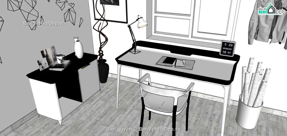 nội thất phòng làm việc,model su thiết kế phòng làm việc,phối cảnh phòng làm việc,dựng mẫu phòng làm việc sketchup
