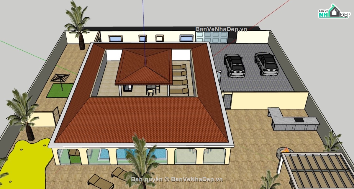 villa sketchup,villa 1 tầng,sketchup villa 1 tầng