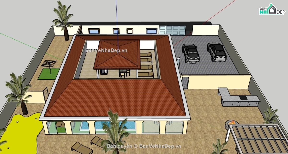 villa sketchup,villa 1 tầng,sketchup villa 1 tầng