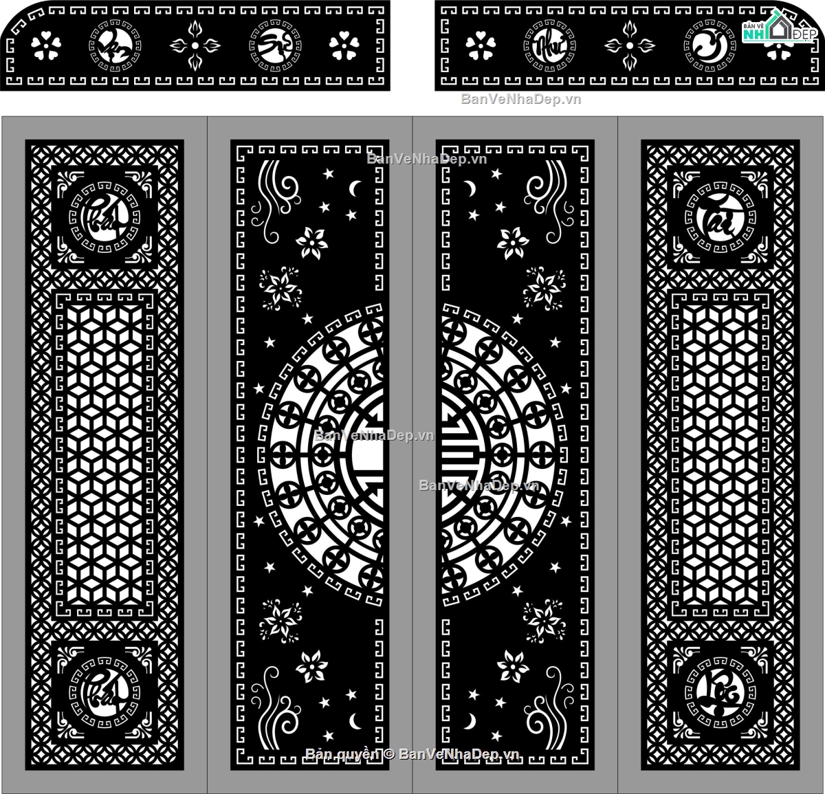 mẫu cổng 4 cánh,vạn sự như ý,file cnc cổng 4 cánh