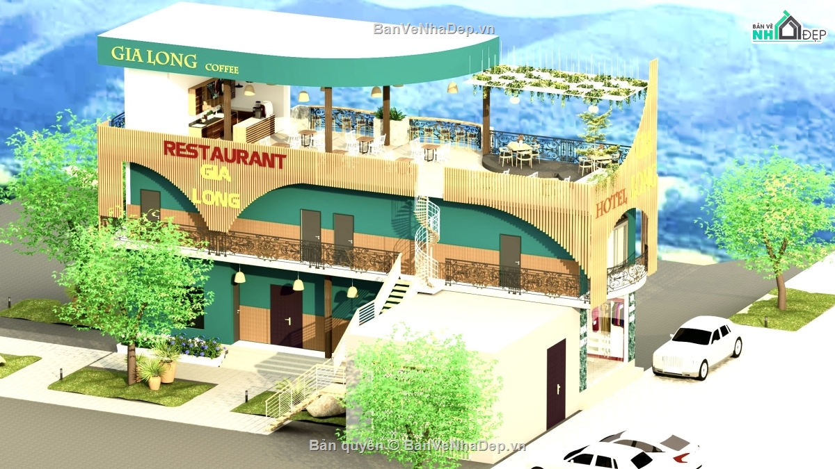 nhà hàng cafe,khách sạn 22x5.5m,file su quán cà phê,thiết kế khu phức hợp