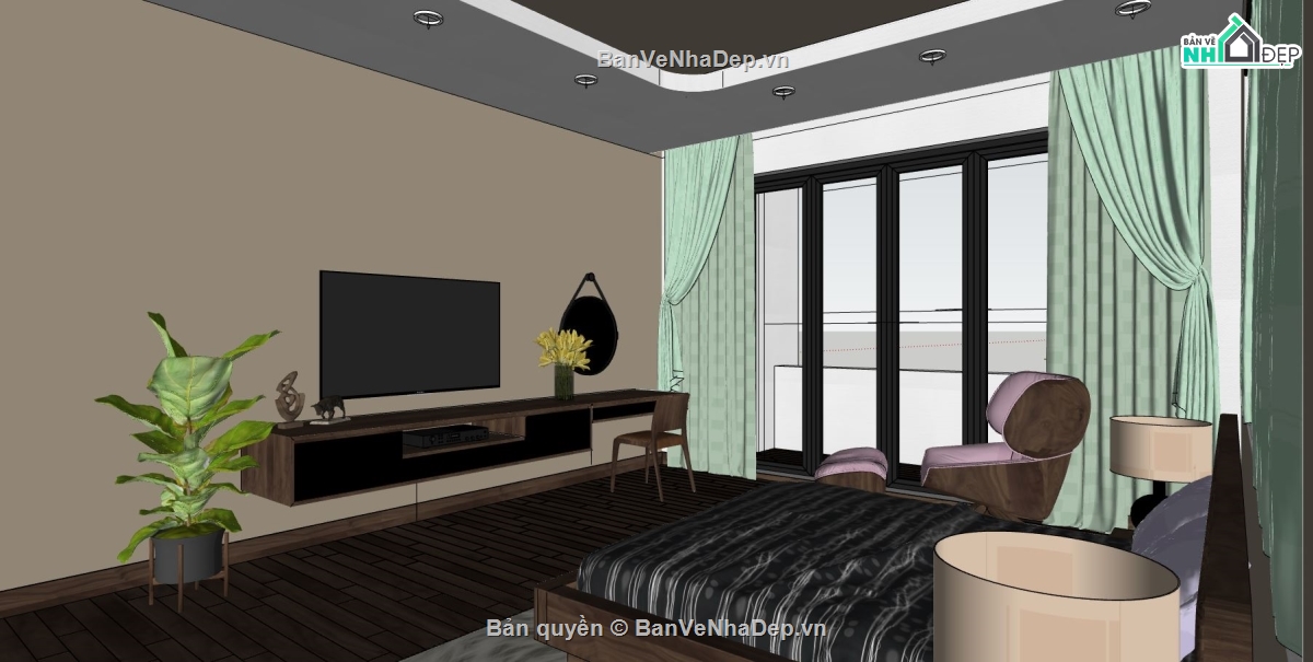 sketchup nội thất phòng ngủ,thiết kế nội thất phòng ngủ,thiết kế phòng ngủ hiện đại,nội thất phòng ngủ sketchup