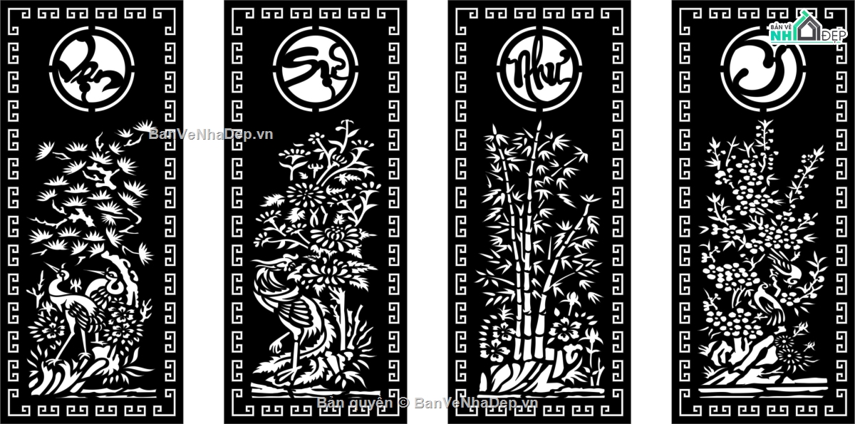 vạn sự như ý cnc,File tứ quý cnc,cổng tứ quý vạn sự như ý,vách tứ quý