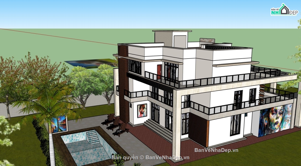 villa 2 tầng,sketchup villa 2 tầng,phối cảnh biệt thự