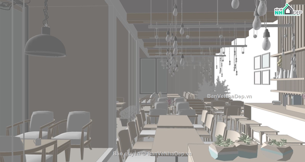 thiết kế nội thất quán cafe,model sketchup quán cafe,sketchup coffee